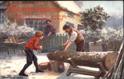 Family Sawing Wood Outside Home Postcard