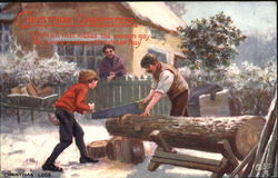 Family Sawing Wood Outside Home Christmas Postcard Postcard