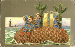 Children riding a pine cone on the water Postcard