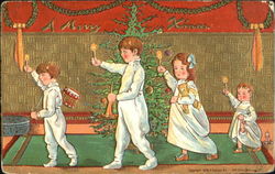 Three children marching with candles and instruments Postcard