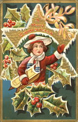 Boy Carrying Sled Framed With Star and Holly Postcard