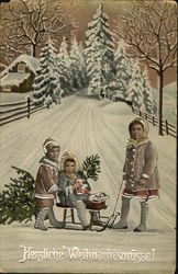 Three Children On Snow-Covered Road With Sled Postcard