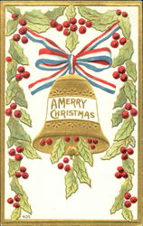 A gold bell hangs from a red, white & blue ribbon, framed in holly Postcard