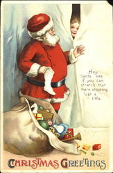 Santa with gifts offering stocking to a girl Postcard