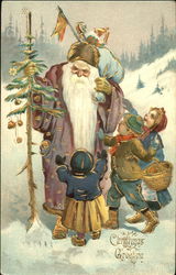 Santa with purple robe, three children trying to grab his bag of toys Postcard