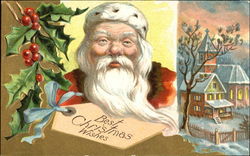 Santa with holly and church scene Postcard