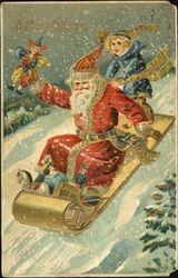 Santa and boy on a sled Postcard