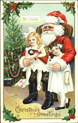 Seated santa with two girls Postcard