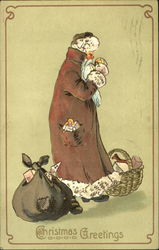 Santa with brown robe lighting pipe Postcard