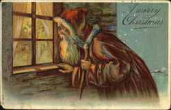 Santa in a red hood peers through window at a family at their tree Postcard