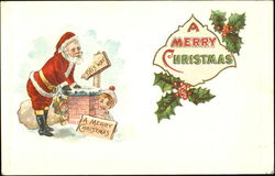 santa in red, up high on chimney top, signs to guide him, child looking Postcard