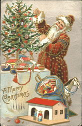 Santa With a Red Robe Decorated With Gold Decorates Tree Postcard