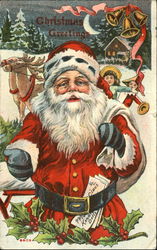 Santa in red, letters in his belt,reindeers and sleigh filled with dolls and toys in the background Postcard