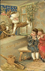 Golden Santa giving gifts through window to boy and girl Postcard