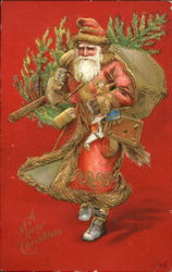 Santa Carrying Sack of Toys and Tree Santa Claus Postcard Postcard