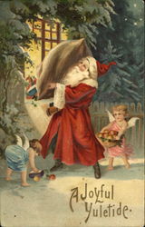 Santa and Two Cherubs Delivering Gifts Postcard