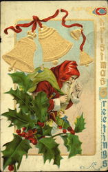 robed Santa with holly and bells Postcard