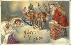 Children sleeping with Santa leaning on chimney Postcard
