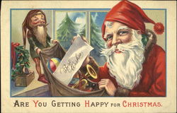 Santa filling bag of toys with an elf helping him along Postcard