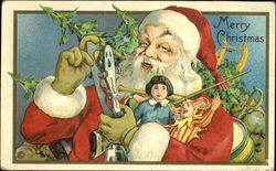 Santa holding an ice skate and doll Postcard