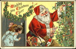 Santa, Christmas tree girl running to him for the gift in his hand Postcard