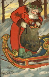Santa wearing Holly wreath checking his bag of presents Santa Claus Postcard Postcard