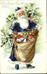 Santa in Blue with Tree and Bag of Gifts Postcard