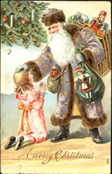 Santa in Purple Robe Places Hand on Young Girl's Head Postcard