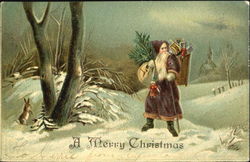 Santa in Purple Robe Hiking Through Snow Postcard