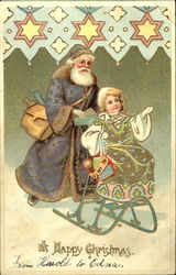 Santa in Blue Robe with Child on Sleigh Postcard