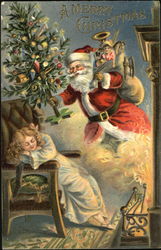 Santa with Chistmas tree and girl sleeping in chair Postcard