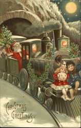 Santa and boy and girl on train Postcard