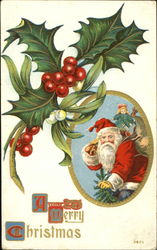 Santa with Sack of Toys Surrounded by Holly Postcard