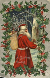 Santa surrounded with holly and wicker toy baskets Postcard