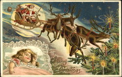 Little Girl Dreaming with Santa's Sleigh and Reindeer Flying Above Bed Postcard