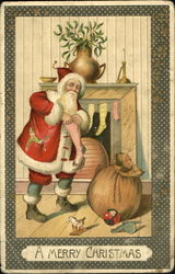 Santa, pocket full of toys, fills a pink stocking Postcard