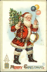 Merry Santa with Balloons, Drum and Tree Postcard
