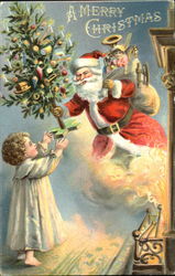 Smiling Santa Delivering a Child a Christmas Tree Postcard