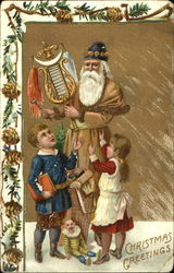 Santa in brown robe, instrument , bag of toys, two children Postcard