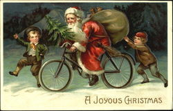 Santa on Bicycle with Two Boys Running Postcard