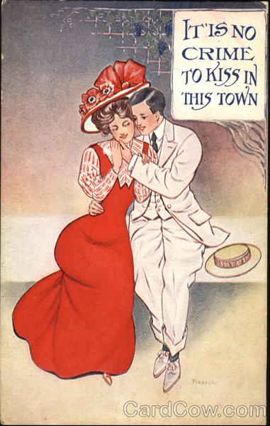 Comic couple sitting close together on bench