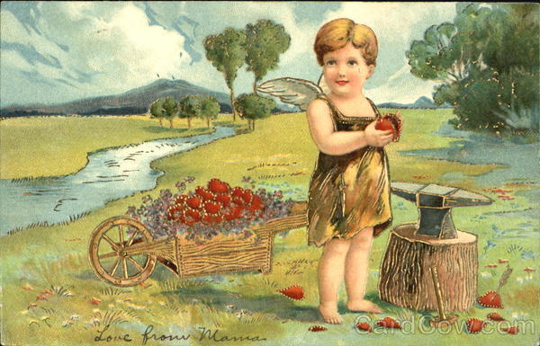 Cupid with wheelbarrow full of hearts Children