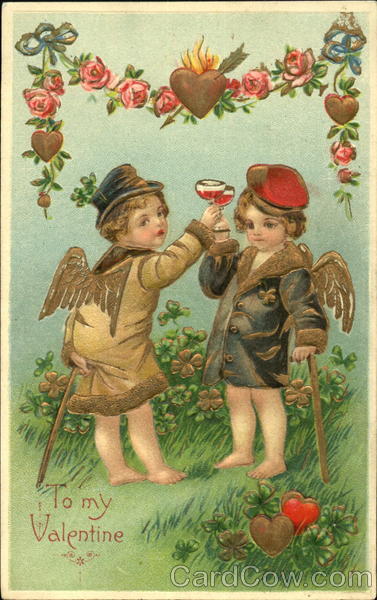 Two Cupids Toasting Wine