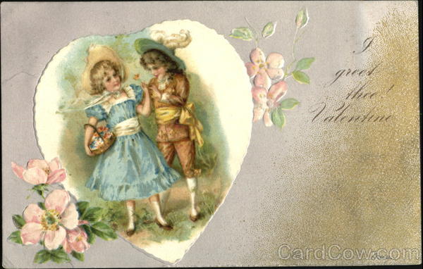 Dressed up children, girl carrying basket of flowers