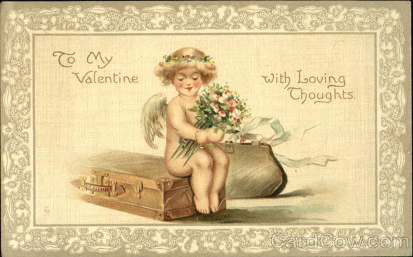 Cupid with flowers sittting on a trunk with a bag