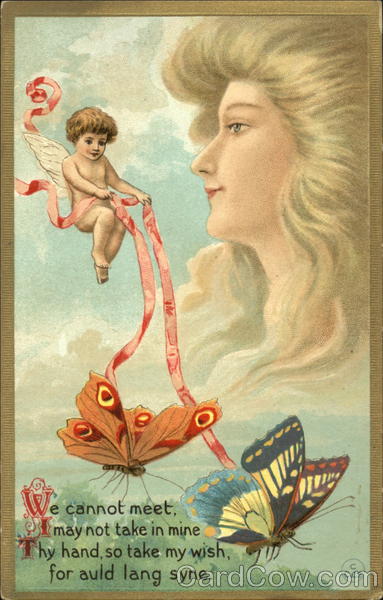Cupid with butterflies and woman's face