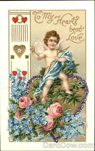 Cupid sitting atop a flower heart with flower at bottom