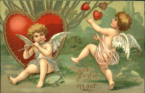 Two cupids one playing a flute one playing with hearts