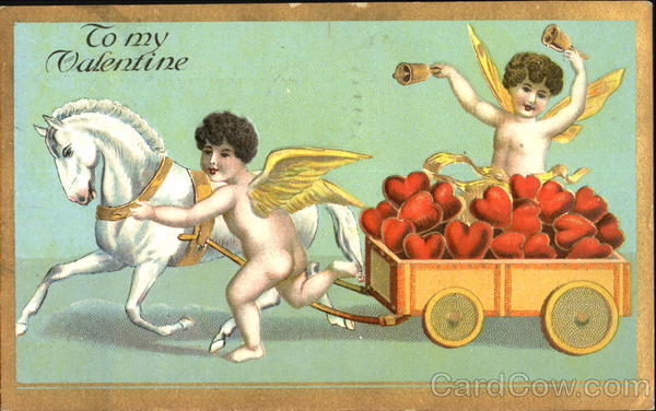 Two Cupids and a White Horse Pulling a Cart of Red Hearts