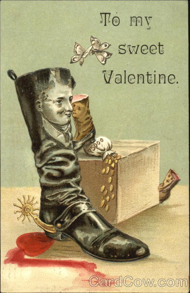 Black faced cowboy boot smashes a heart while a girl boot watches